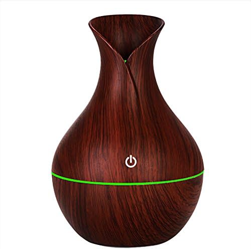 snaideal 130ml USB Mini Aroma Essential Oil Diffuser with One Key Smart Touch, Wood Grain Cool Air Mist Humidifier for Office Home Study Yoga Spa, 7 Gradient Color Lights (Vase Style-Brown)