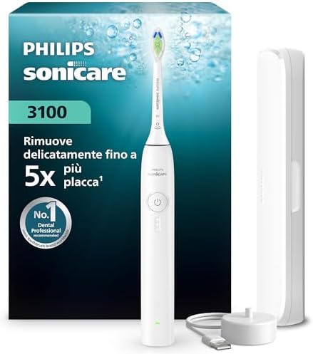 Philips Sonicare Serie 3100 - Spazzolino elettrico sonico con sensore di pressione, 3 intensità, EasyStart, SmarTimer, autonomia 14 giorni, custodia, bianco, HX4033/21, [Nuovo]