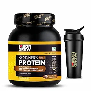 MegaGrow Beginners Whey Protein Powder with Shaker - Rich Source of Inulin and Minerals | Chocolate Flavoured with No Sugar Added| 15.41g Protein, 114.66 Kcal - Per Serving | Pack of 1kg ? Total 33 Servings