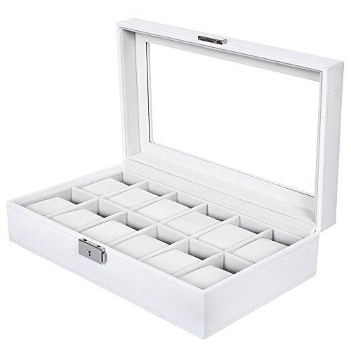 Songmics Uhrenbox für 12 Uhren Uhrenkasten Weiß JWB202