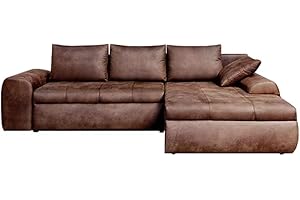 lifestyle4living Ecksofa mit Schlaffunktion und Bettkasten in Braun | Gemütliches Mikrofaser L-Sofa im Vintage-Look mit Stauraum inkl. 4 Rückenkissen