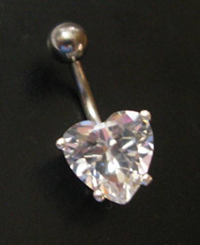 925 SILVER Large HEART Clear Crystal Belly Bar CHOOSE BAR LENGTH 6mm 8mm 10mm 12mm 14mm