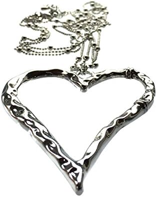 Large Silver Heart Pendant and Long Multi Strand Bead Necklace Costume Jewellery