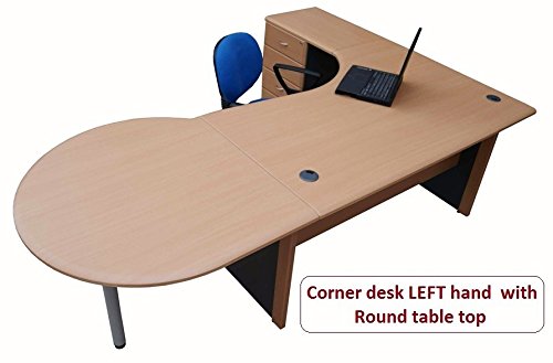 2.2 m Office Corner desk Left hand with 4 drawer pedestal & Round table top (Beech / dark grey)