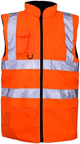 Mens Hi Viz Reversible Fleece Lined Bodywarmer Waistcoat Gilet Vis Visibility Rail Recovery Auto Repair Garage Warm Railway Reflective Stripes Tape Sleeveless Jacket Work Safety Top EN471 Orange Workwear Security Outerwear Walking Orange S,M,L,XL,XXL,3XL,4XL (Small, Orange)