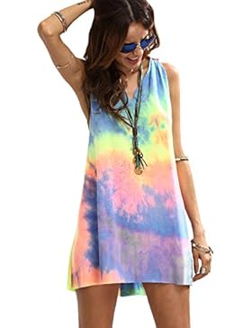 ROMWE Damen Tie-Dye Strandkleid V Ausschnitt Regenbogen Farbstoff mit Knotendetails Ärmellos Sommerkleid Trägerkleid