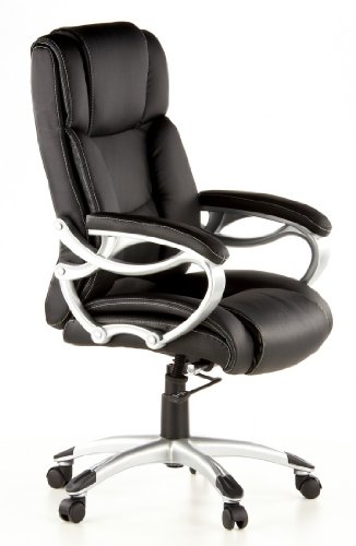 hjh OFFICE, 668400, Executive Chair, office chair, swivel, TRITON 400, black, faux leather, high ergonomic thick padded backrest and seat, padded armrests, relining mechanism, elegant, stylish computer desk chair, synthetic designer base silver