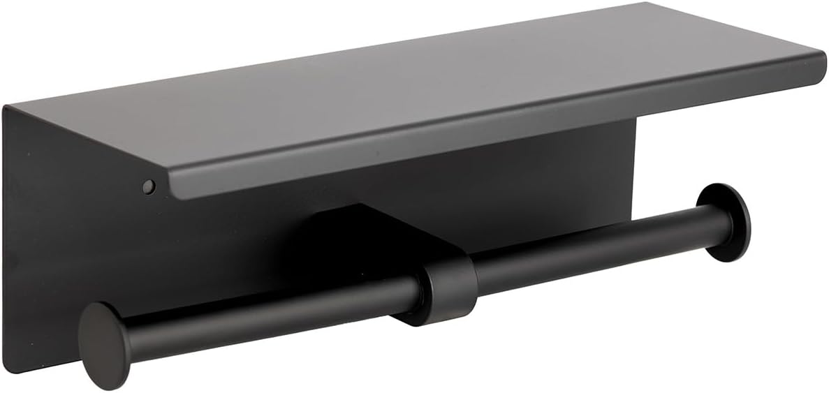 Ibergrif Portarrollos de Papel Higiénico Doble con Estante, Soporte Papel Higiénico de Acero Inoxidable para Pared, Instalación Adhesiva o con Taladro, Portarrollos para Baño o Cocina, Negro