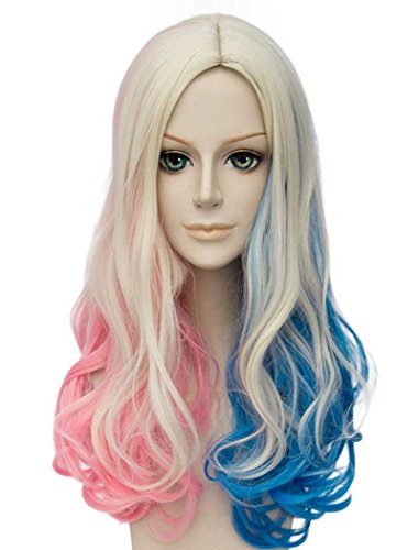 Tsnomore Rosa und Blau gemischt 2 tonte langes lockiges Suicide Squad Harley Quinn Perücke
