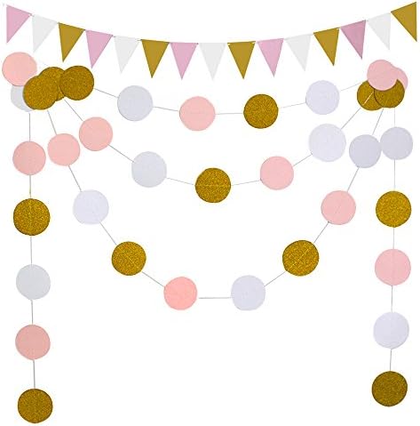 APLANET 3pcs 9.8ft Pink Gold White Circle Dots Paper Garland with 1 Pink Gold White Triangle Flag Garland