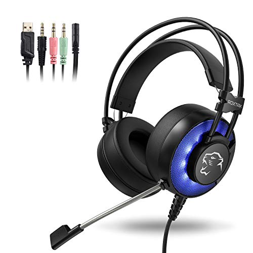 Auriculares Gaming con microfono, Cascos Gaming, Auriculares para Juegos para PS4 / PC/Xbox One/Switch/Tableta/Celular, Headset estereofónico con fantástico LED Luces Roxtak