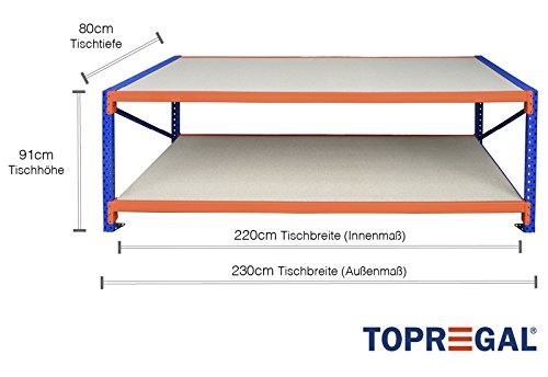 Werkbank, Packtisch LR 230cm breit, 91cm hoch, 80cm tief, 2 Ebenen