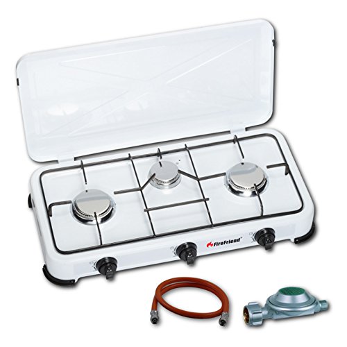 FireFriend ko-6583du - Tres flammiger Hornillo de Gas con regulador de presión + Manguera de conexión de 100 cm ko-6383du