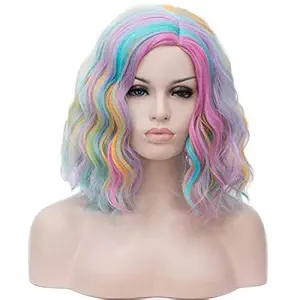 Rainbow: Mildiso Rainbow Wig Short Curly Bob Wavy Hair Wigs Colorful Cosplay Party Costume Wigs Full Heat Resistant Synthetic Wigs With Cap M058A