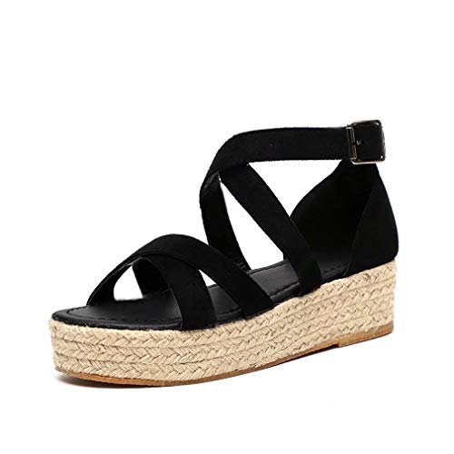 Sandalias Mujer Plataformas Cuña Verano Tacón Alto 5 CM Piel Punta Abierta Tobillo Plano Zapatos Playa Fiesta Romanas Hebilla Moda Negro 36