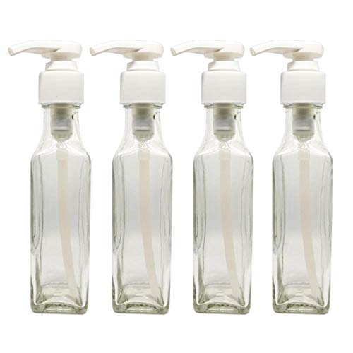 GIFTBASH Glass refillable and transperent Square Bottle with Lotion Pump for Multi use Set of 4