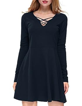 DKBAYA Damen Langarm Kleid mit Schnürung Vorne Kleider Casual Sportlich Skaterkleid A-line Minikleid