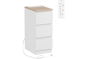 Menaka Small Narrow Bedside Table with Charging Station 2 USB Ports & 2 Power Sockets, Bedroom 25CM Slim 3 Drawers Bedside Cabinet Nightstands Living Room Sofa Side Table