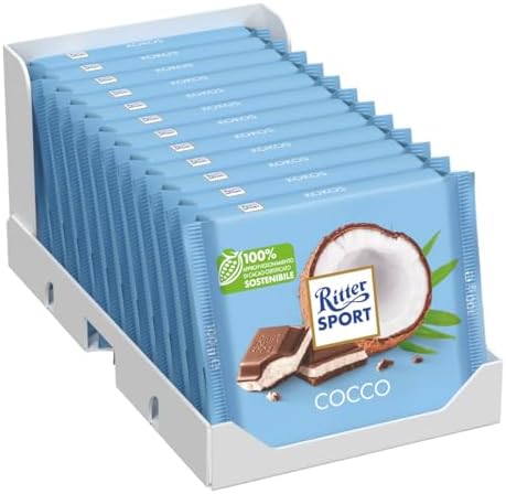 RITTER SPORT Cocco, Tavoletta di Cioccolato al Latte Ripieno di Cocco, Cacao 100% Certificato Sostenibile, 12 Pezzi x 100g