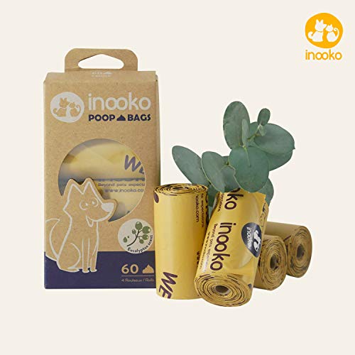 inooko - 60 Sacs a Crottes pour Chien, Grand, Ultra Résistant, Biodégradables et Parfumés à l'Eucalyptus, 4 Rouleaux (Soit 60 Sacs)
