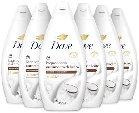 Dove Bagnodoccia Nutrimento Delicato, Idratante Dermo-Naturale, Olio di Cocco, 1/4 Crema Idratante, Dermatologicamente Testato, Bagnoschiuma Uomo e Donna, 100% Bottiglia Riciclata* 6 Pezzi x 450 ml