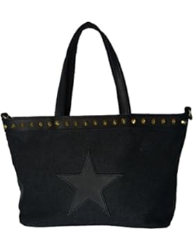 Canvas Henkeltasche mit Echtleder Applikationen und Nieten * NEU