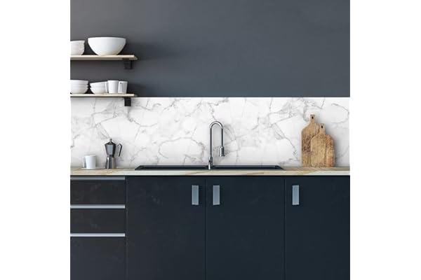 Crédence adhésive cuisine PVC 190_x_60_cm marbre blanc Rouleau adhesif decoratif 100% fabriqué en Italie, avec encre non toxique, ignifuge et résistant à l'eau