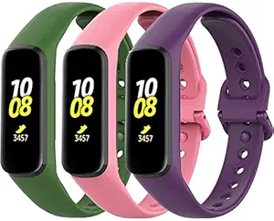 [Strap ONLY] TKM 3 Pack Silicone Bands Compatible for Samsung Galaxy Fit E, Soft Sport Silicone Replacement Straps Wristbands for Galaxy FitE SM-R375 Watch for Boys & Girls.(WATCH IS NOT INCLUDED) (Pink/Green/Purple)