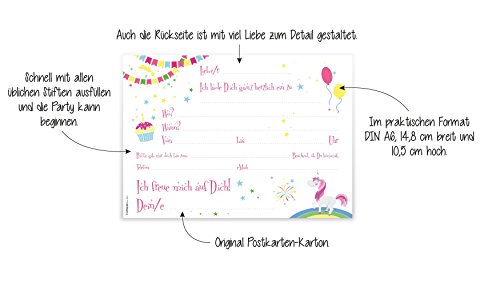 12 Einladungskarten „Einhorn auf Regenbogen“ Kindergeburtstag Luftballons Girlanden Sterne / Geburtstagseinladungen Einladungen Geburtstag Kinder Jungen Mädchen Einladungstext Vorlagen Karten Set - 4