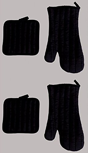 SALE - 4 teiliges SET bestehend aus je 1 Paar ( = 2 Stück ) Backhandschuhe und je 1 Paar ( = 2 Stück ) Topflappen - hier in der Farbe SCHWARZ - wunderschöne Farbe - hochwertig , 100% Baumwolle , Grillhandschuhe , Ofenhandschuhe - eine schöne kleine Geschenk - Idee -aus dem KAMACA-SHOP (SCHWARZ )