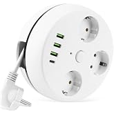 VEA 7 in 1, Current Protected Group Socket, 3-Piece, Switched, 3 Usb, 1 Type-c, 1.5 Meter Wired, Cable Collectible Roller, 850