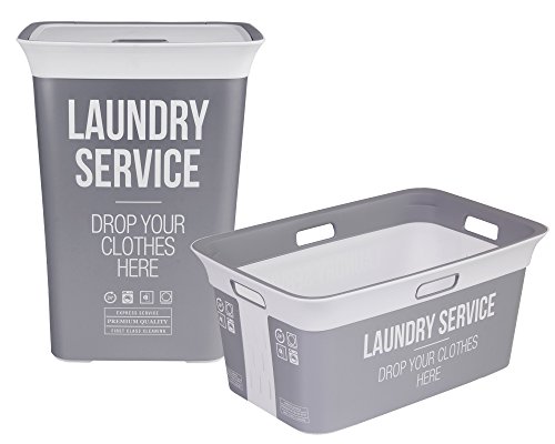 Wäschetruhe Set Wäschekorb Wäschepuff mit Belüftung Moda Service 60 Liter mit Deckel + 45 Liter Wäschesammler mit 4 Griffen