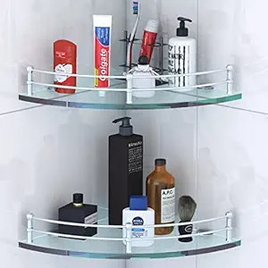 Klaxon Premium Transparent Glass Shelf for Bathroom/Wall Shelf/Storage Shelf (9 9 Inches) - Pack of 2