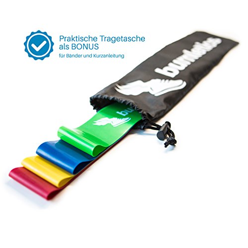 burnletics® Fitnessbänder 4er Set + Tasche + Anleitung, Loop Gymnastikbänder, Bunt, Pilates & Reha Widerstandsbänder - 4