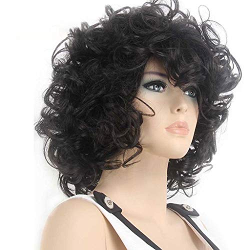 WJW-wig Peluca- Peluca Sintética Rizado Armadura En Capas Corte De Pelo Peluca Africana Negro Sin Tapa Pelucas Naturales De Las Mujeres Tejer El Pelo Medio, Negro Natural 16 Pulgadas