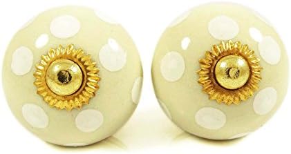 Beige Ceramic Knobs Round Shape Polka Dot Decorative Knob Cabinet Hardware 2 Pieces