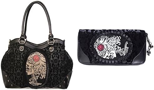 BANNED Black Red punk goth Skeleton skull and rose & BLACK CAMEO LADY BAG Wallet