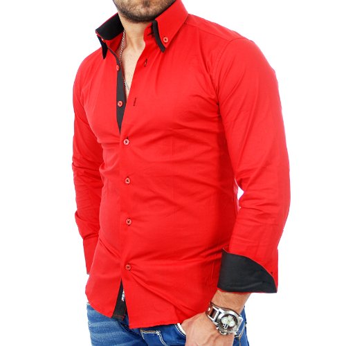 Reslad Herren-Hemd Slim Fit Kontrast Langarm-Hemd Alabama RS-7050 Rot-Schwarz