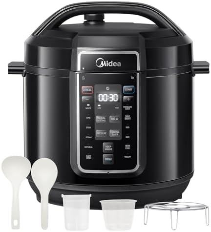 Midea Pentola a pressione elettrica 9 in 1, 12 preset multicooker istantaneo antiaderente, pentola per yogurt, cuoci riso Slow Cooker Sauté, pentola interna in acciaio inox, 8 quarti nero