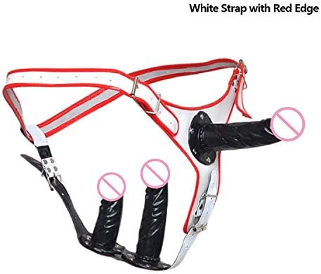 Strap On Three s Strapon PU Leather Harness Lesbian Strapon Privacy Butt Massage Plugs Unisex Pleasure Toys, Pleasure Products,White Red Edge