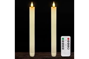 Homemory 2 Pack Waxy Flameless Candles with Remote Control Timer, Flickering Battery Operated, Led Flameless Candlesticks Tall Candles for Home Decor, 9.6 inch