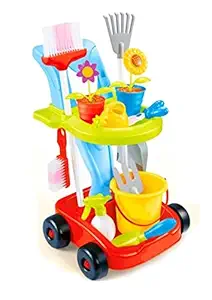 AMAZING STUFF 24pcs Tools Set for Next Milestones Cleaning Gardening with Watering Can, Leaf Rake, Potted Flower, Hand Cultivator, Trowel Shovel Play Trolley Toy Best Gift for Kids ( Multi Color )
