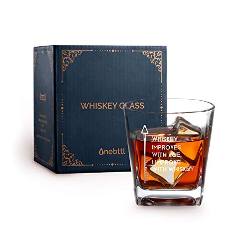 Whisky Glass, Glass Tumbler, Gin Glass, Old Fashioned Glass, Gift for Drinking Bourbon, Scotch, Whiskey, Vodka, Rum, Cognac, Gin, Whiskey Improves with Age, I Improve with Whiskey
