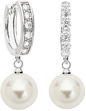 MYA art Damen Ohrringe Creolen Hängend 925 Silber mit Perlen Swarovski Elements Kristall 10mm Weiß