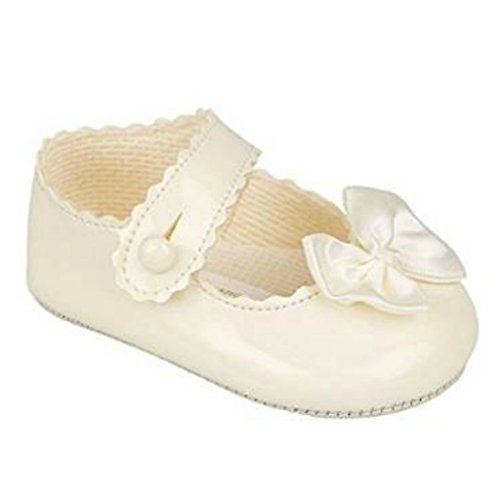 BABY GIRLS PATENT BOW BUTTON PRAM WEDDING CHRISTENING PARTY MADE IN ENGLAND SHOES (0-3 Months (Size 0), Ivory Patent)