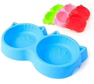 Smarty Pet Plastic Cat Face Shaped Double Food and Water Bowl for Dogs and Cats (Blue)