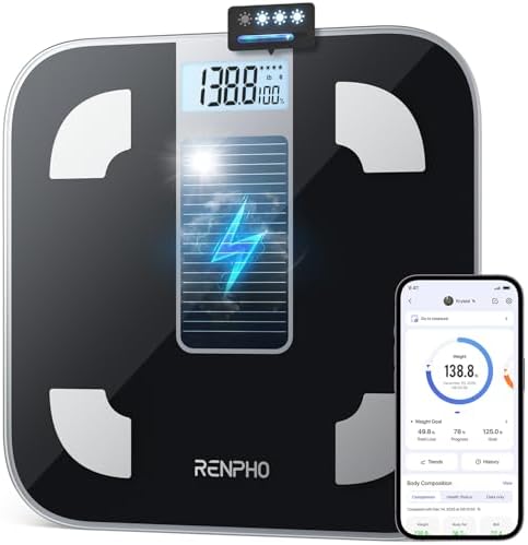 RENPHO Bilancia Pesapersone Digitale Solar, Bilancia Impedenziometrica Ecologica senza Batterie, Pesapersone Professionale Bluetooth con App per 13 Misurazioni Corporee, 180 kg