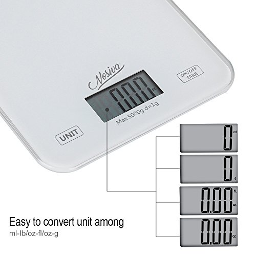 NOSIVA Digitale Küchenwaage mit großer LCD Anzeige – Weiss Hartglas Stand Waage für Lebensmittel/Kräuter/Kaffee, Hohe Präzision auf bis zu 1g (5kg Maximalgewicht) - 4