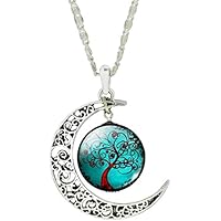 Damen Hals-Kette mit Anhänger Lebensbaum 20mm Glascabochon Mond silber handmade Schmuckphantasien 45cm Länge kurz Baum Bäumchen türkis