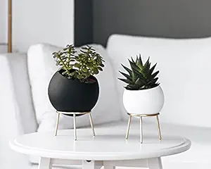 Stylish and Elegant Indoor Metal Modern Planters with Stand, Black and White,Set of 2 Pieces (Medium & Small)